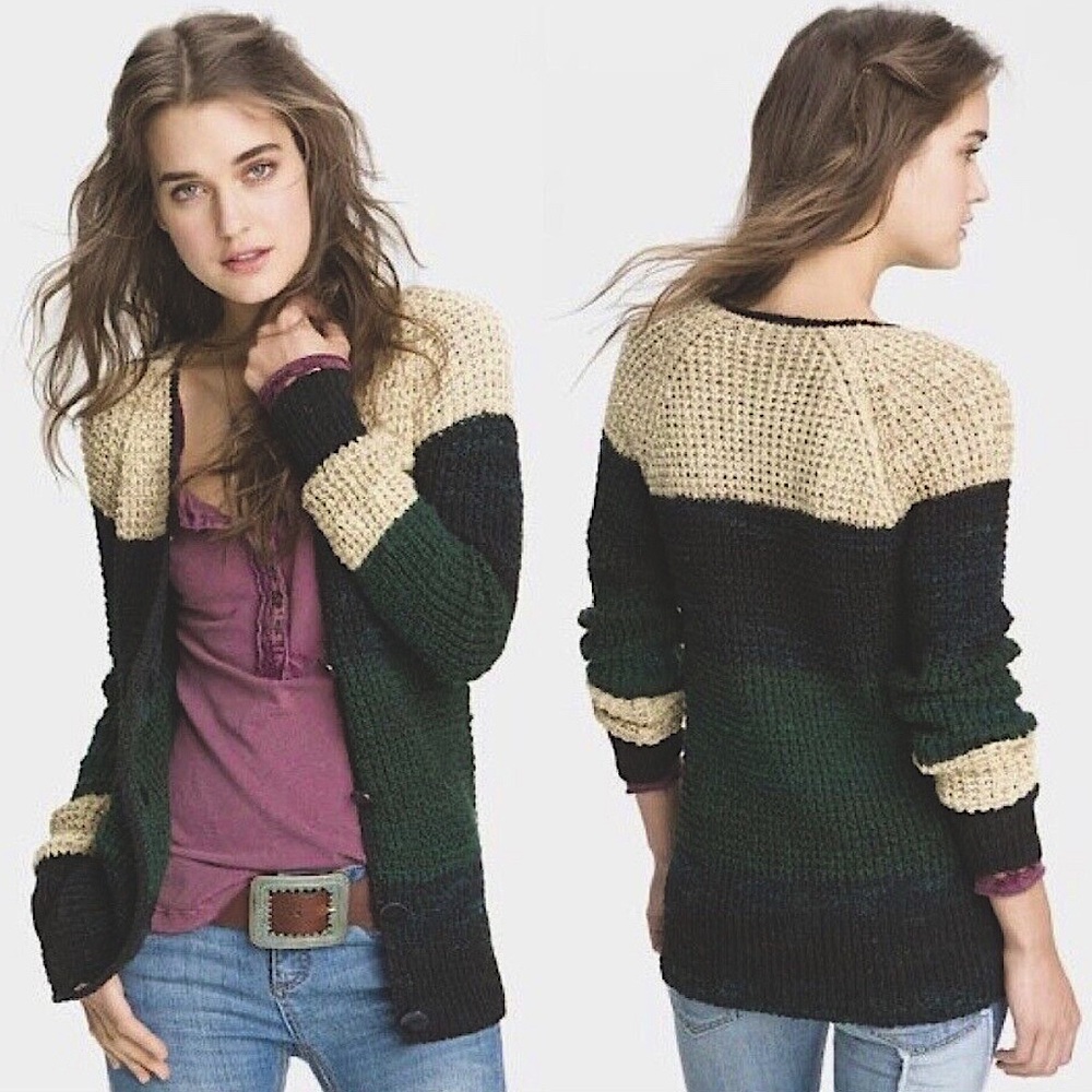 FREE PEOPLE Ladies L Chunky Knit Colorblock Lake Tahoe Cardigan Sweater